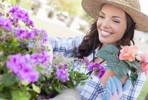 Seasonal landscape maintenance in Cranford with trimmed shrubs and tidy walkways